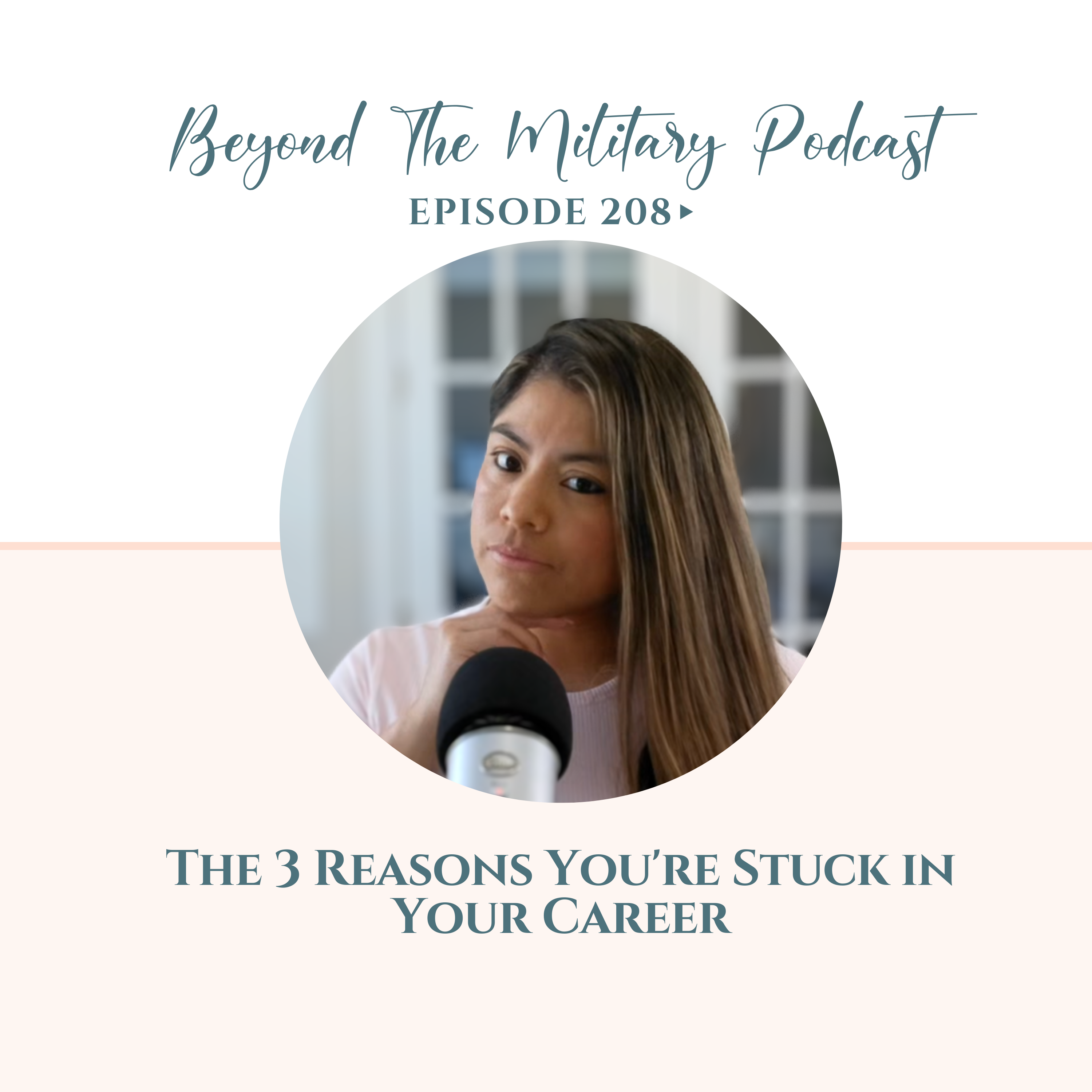 woman dressed in pink behind a mic. Episode 208. The 3 Reasons You're Stuck in Your Career